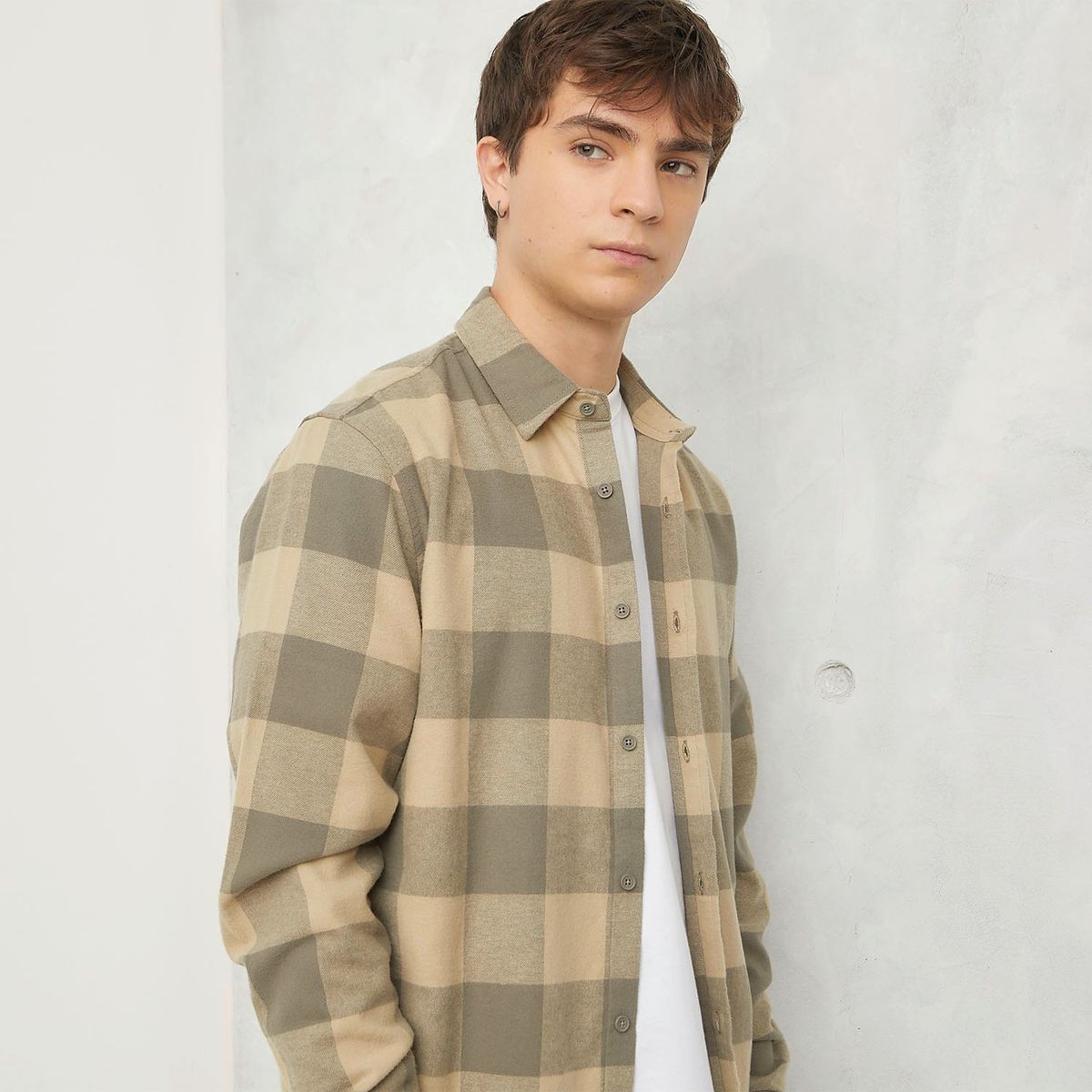 BEARCLIFF - Camisa Hombre de Cuadros Manga larga Recto de Algodón Bearcliff