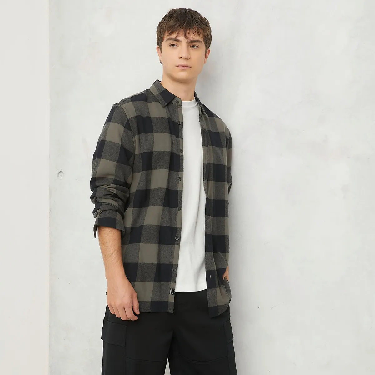 BEARCLIFF - Camisa Hombre de Cuadros Manga larga Recto de Algodón Bearcliff