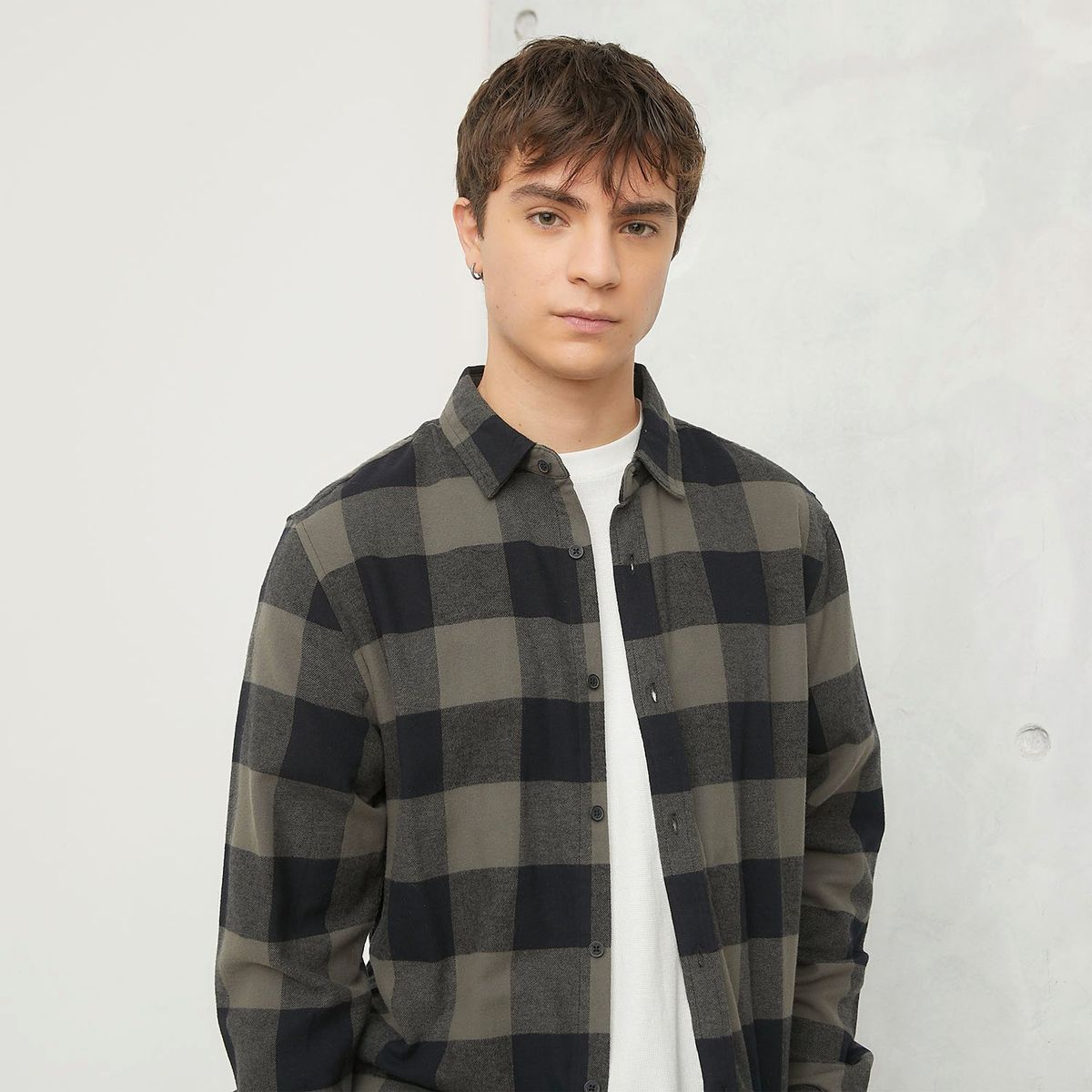 BEARCLIFF - Camisa Hombre de Cuadros Manga larga Recto de Algodón Bearcliff