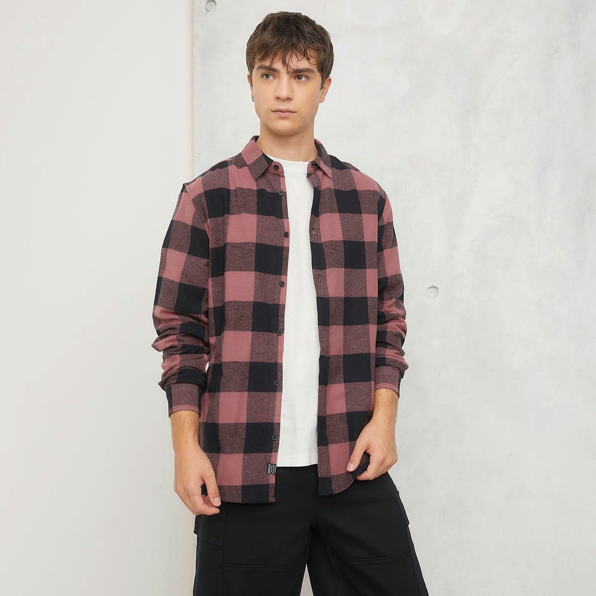 BEARCLIFF - Camisa Hombre de Cuadros Manga larga Recto de Algodón Bearcliff