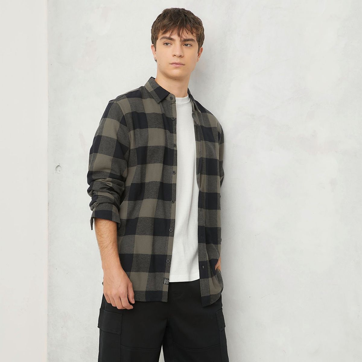 BEARCLIFF - Camisa Hombre de Cuadros Manga larga Recto de Algodón Bearcliff