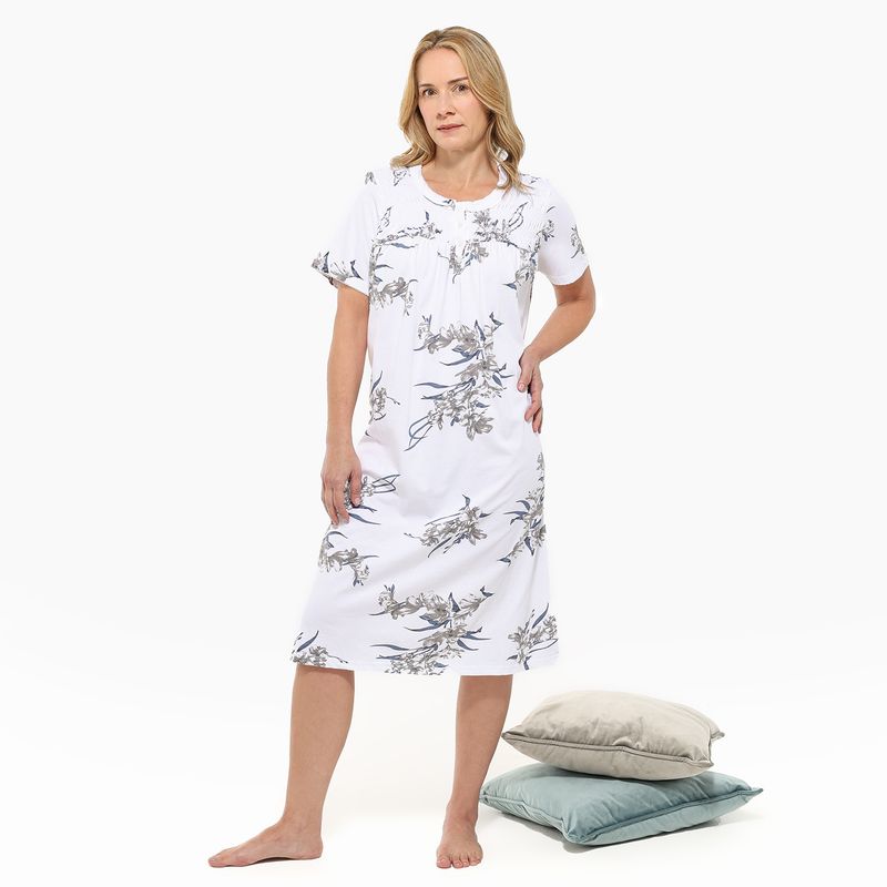 SOUTHLAND - Camisón Mujer Largo Manga corta con Flores de Algodón Southland