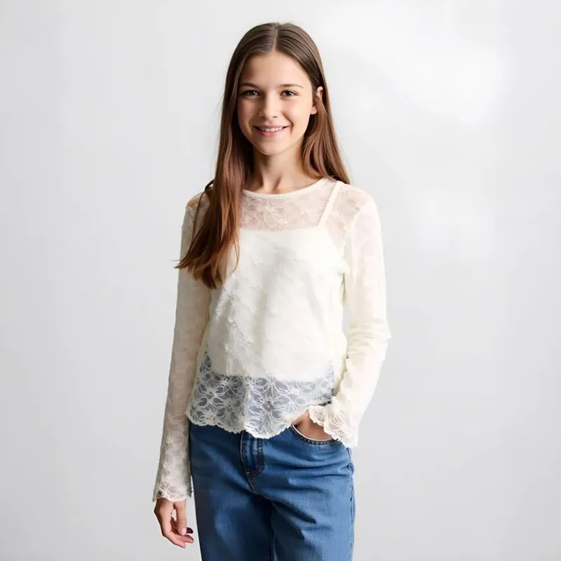 ELV - Blusa para Niña con Encaje Manga larga ELV