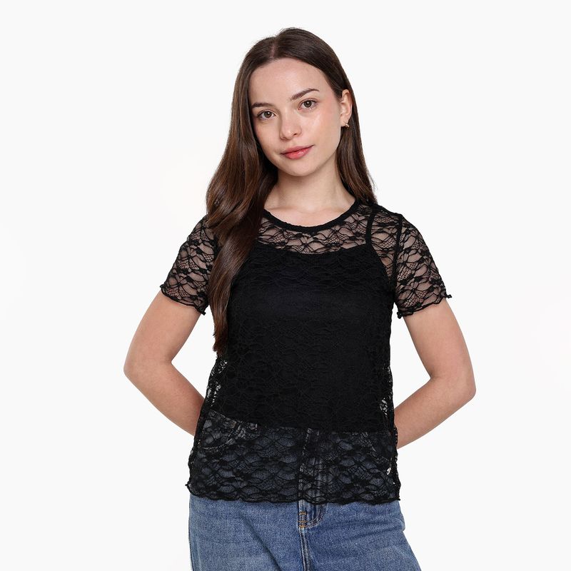 ELV - Blusa para Niña con Encaje Manga corta ELV