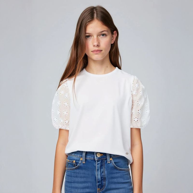 ELV - Camiseta para Niña con Ojalillo Manga corta de Algodón ELV