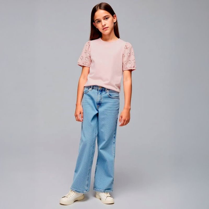 ELV - Camiseta para Niña con Ojalillo Manga corta de Algodón ELV