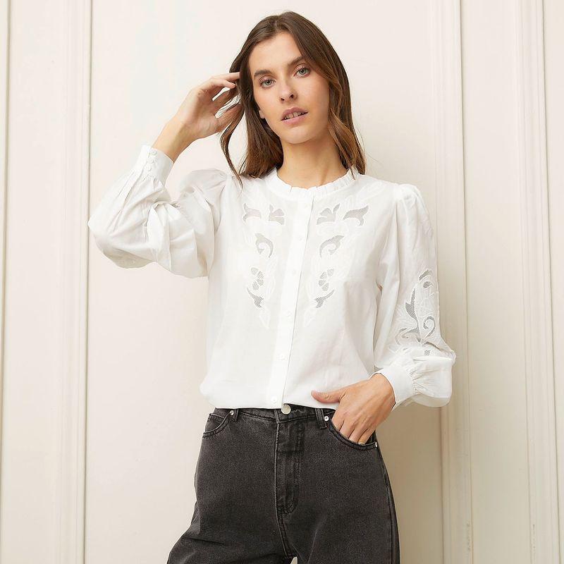 BASEMENT - Blusa Mujer con Bordado Manga larga globo de Algodón Basement