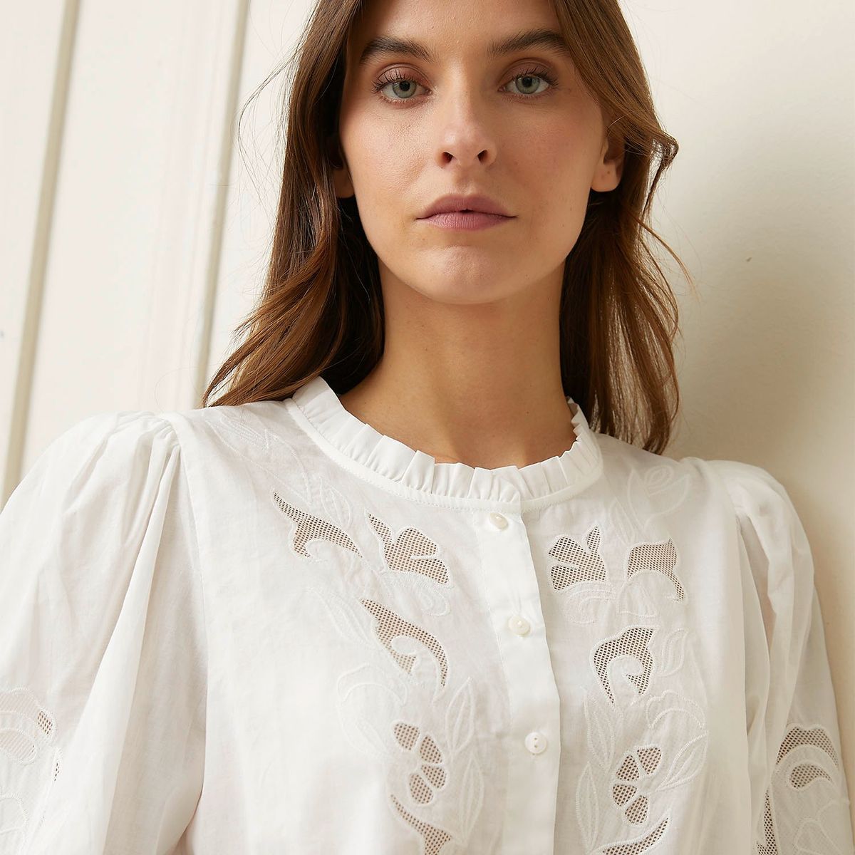 BASEMENT - Blusa Mujer con Bordado Manga larga globo de Algodón Basement