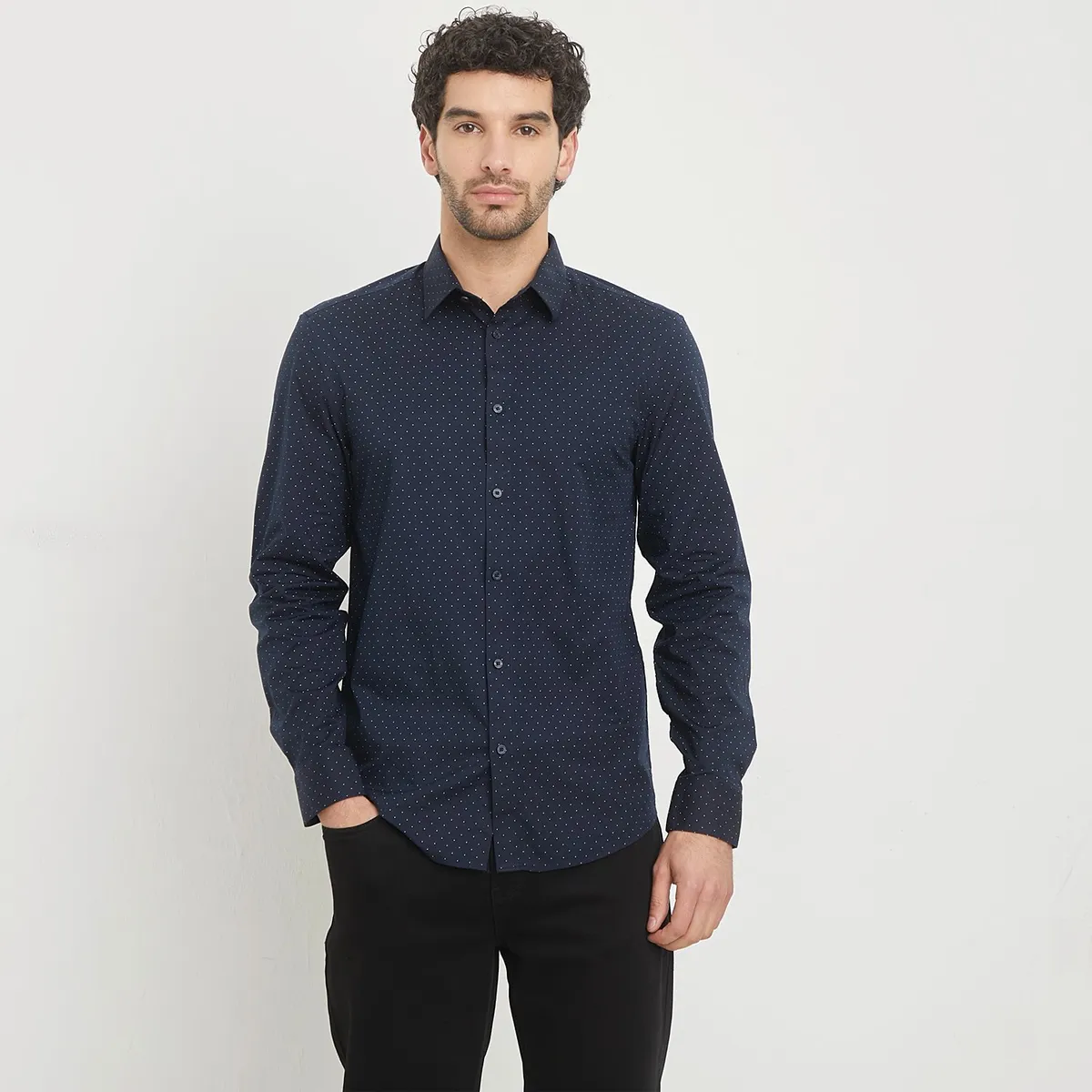 BASEMENT - Camisa Hombre con Puntos Manga larga Slim de Algodón Basement