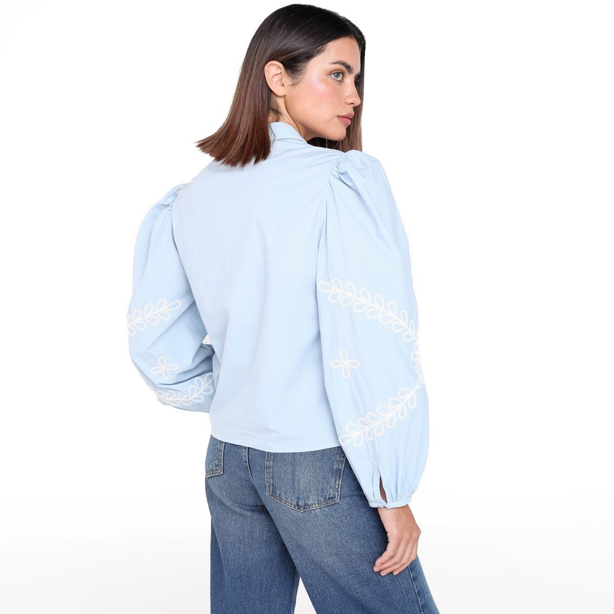 BASEMENT - Camisa Mujer con Bordado Manga larga globo de Algodón Basement