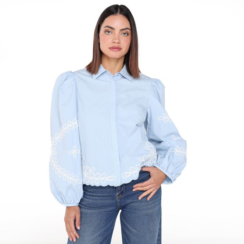 BASEMENT - Camisa Mujer con Bordado Manga larga globo de Algodón Basement