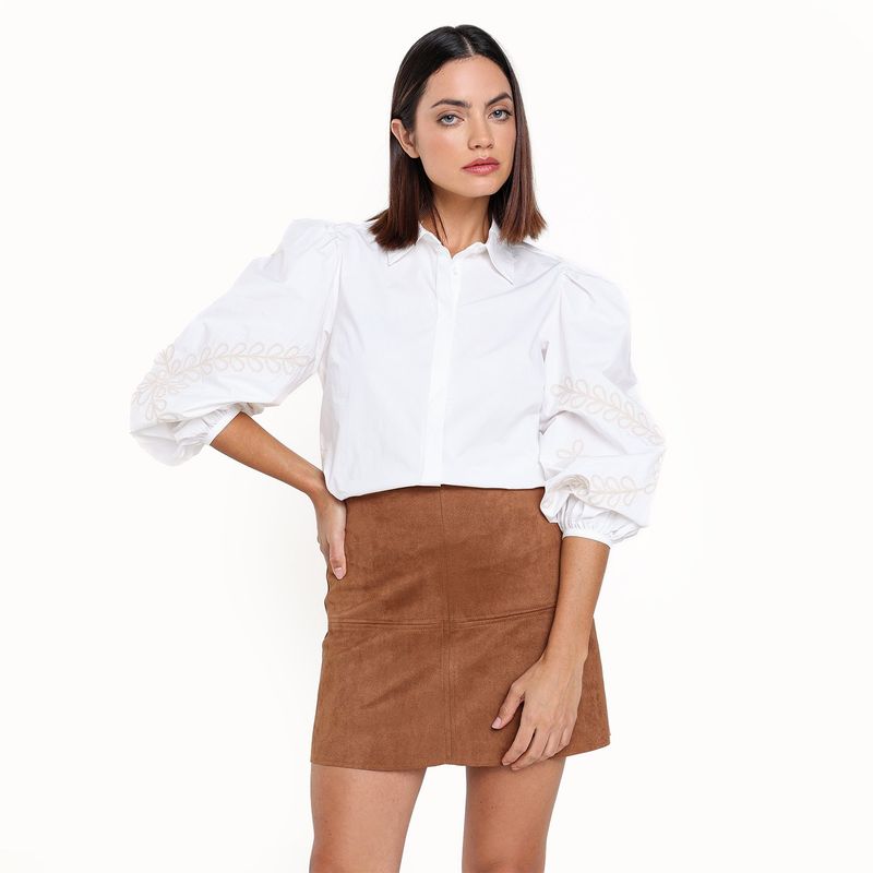 BASEMENT - Camisa Mujer con Bordado Manga larga globo de Algodón Basement