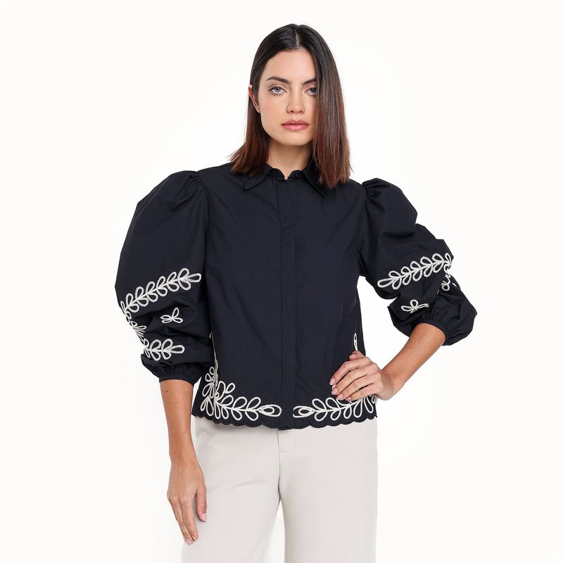BASEMENT - Camisa Mujer con Bordado Manga larga globo de Algodón Basement