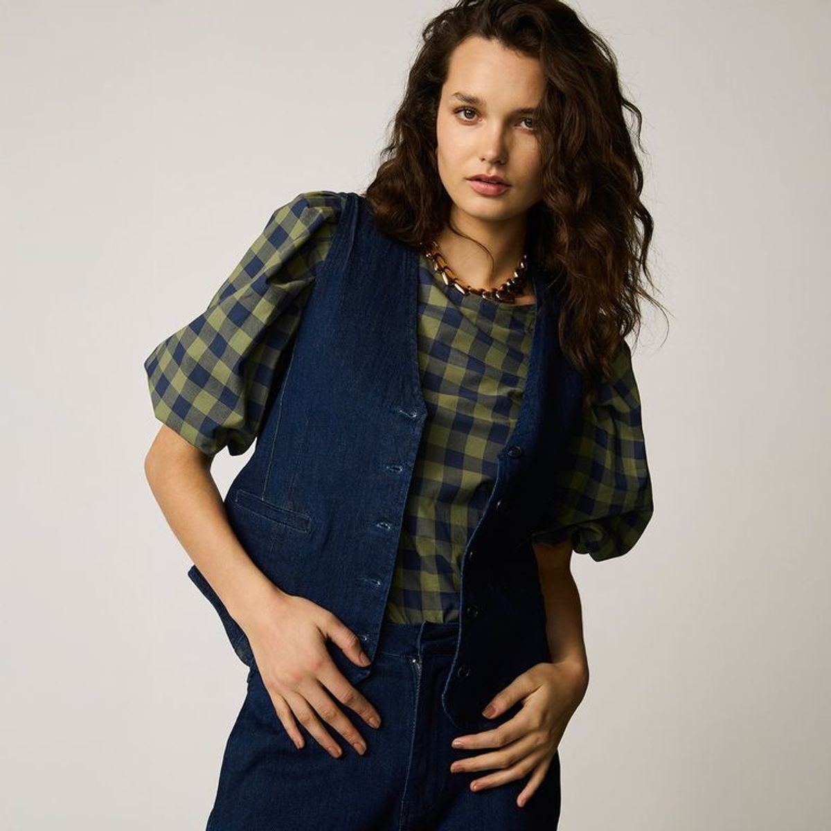 BASEMENT - Blusa Mujer de Cuadros Manga corta globo Basement