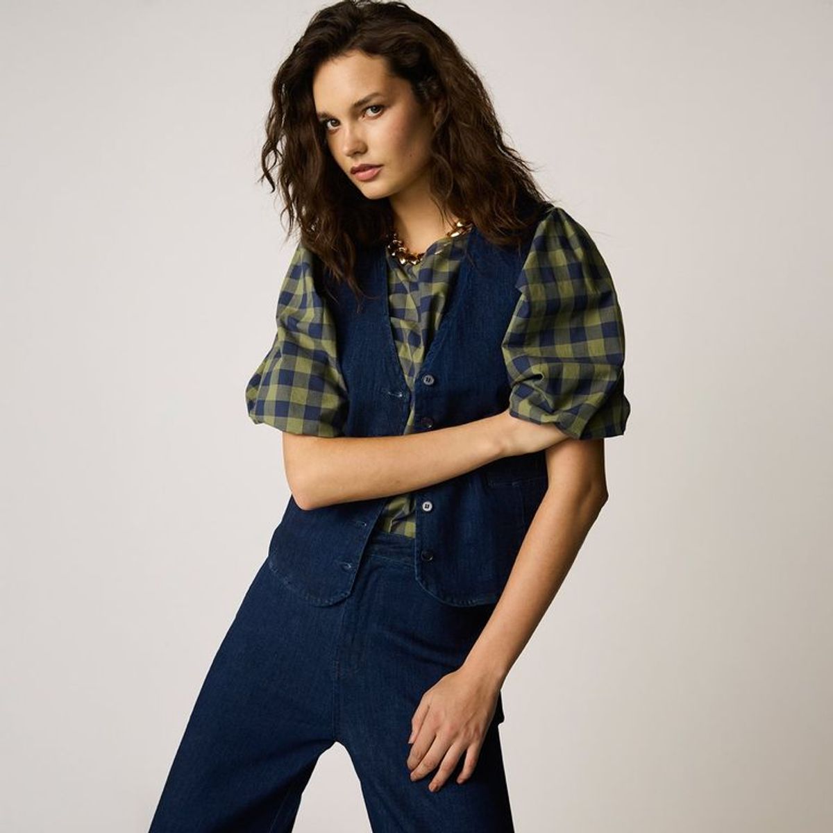 BASEMENT - Blusa Mujer de Cuadros Manga corta globo Basement