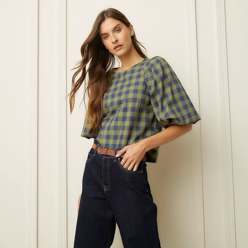BASEMENT - Blusa Mujer de Cuadros Manga corta globo Basement