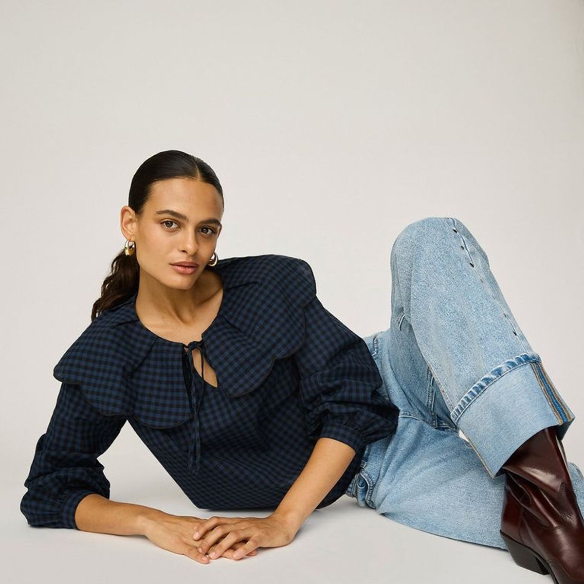 BASEMENT - Blusa Mujer de Cuadros Manga larga globo de Algodón Basement