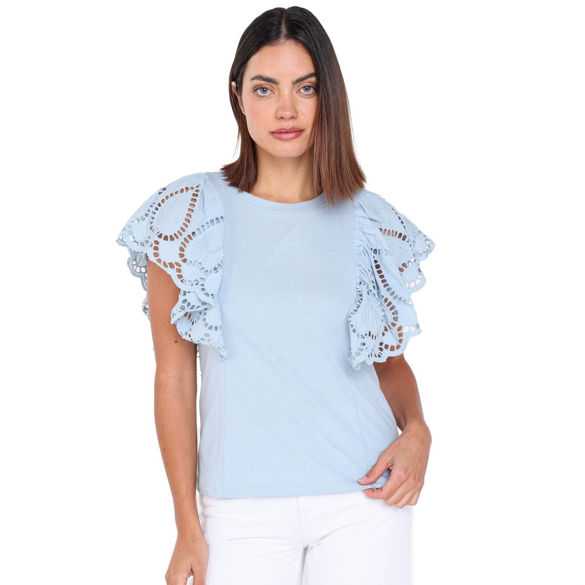 BASEMENT - Blusa Mujer con Ojalillo Manga corta globo de Algodón Basement