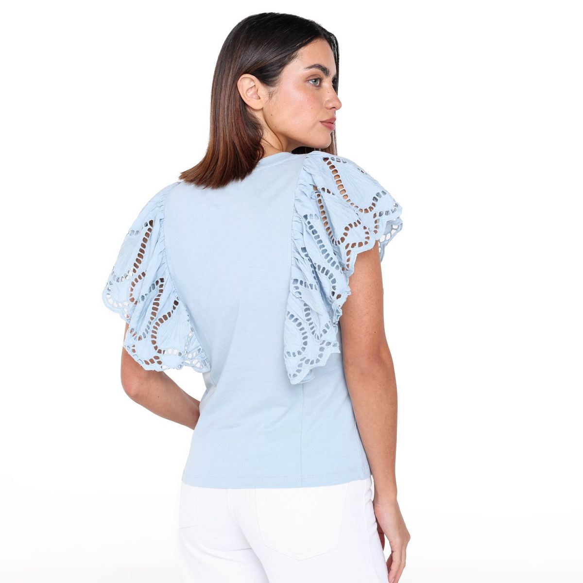 BASEMENT - Blusa Mujer con Ojalillo Manga corta globo de Algodón Basement