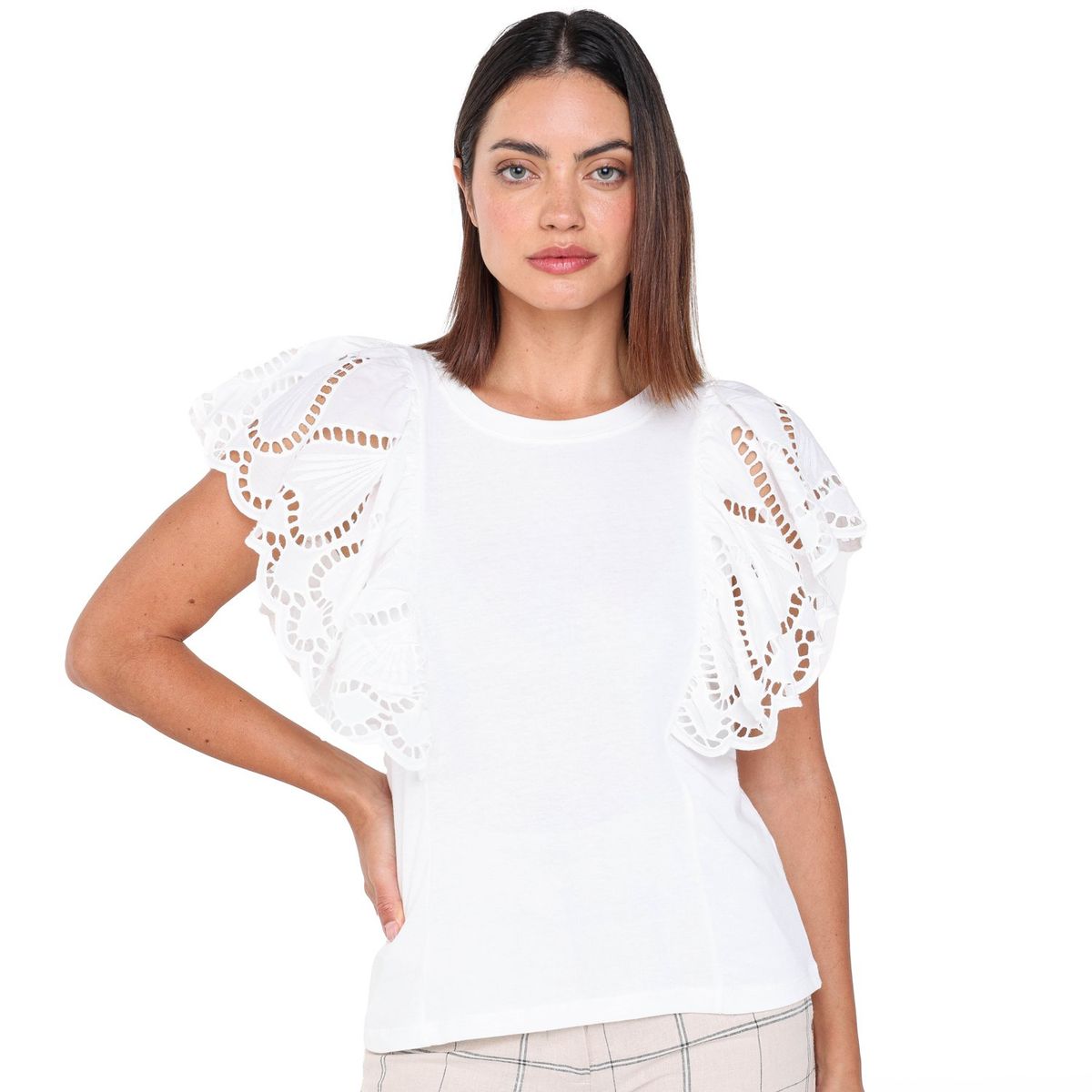 BASEMENT - Blusa Mujer con Ojalillo Manga corta globo de Algodón Basement