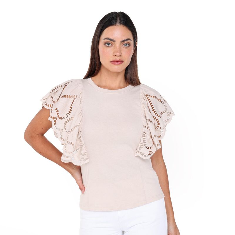 BASEMENT - Blusa Mujer con Ojalillo Manga corta globo de Algodón Basement