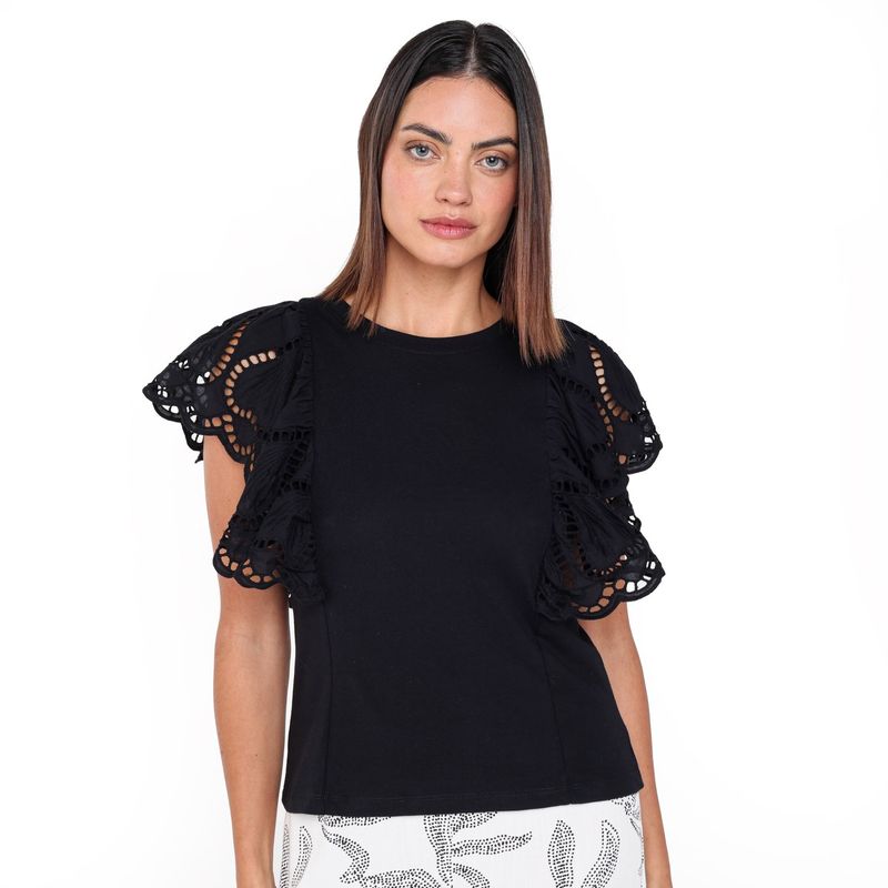 BASEMENT - Blusa Mujer con Ojalillo Manga corta globo de Algodón Basement