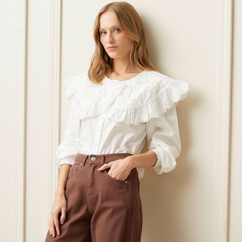 BASEMENT - Blusa Mujer Con Bordado Manga larga globo de Algodón Basement