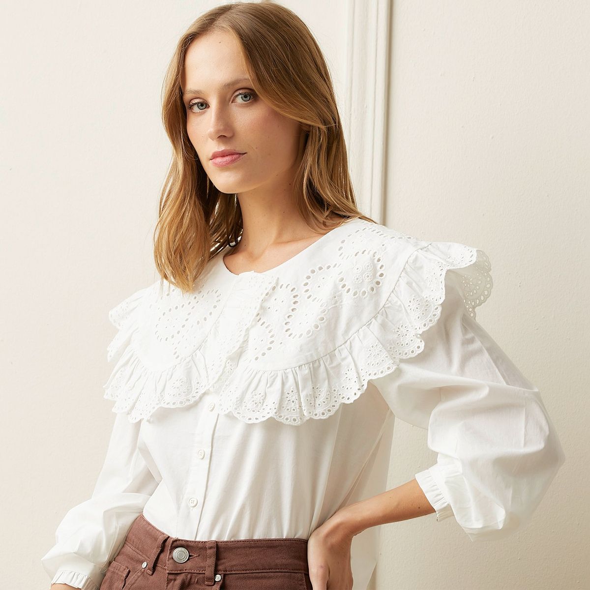 BASEMENT - Blusa Mujer Con Bordado Manga larga globo de Algodón Basement