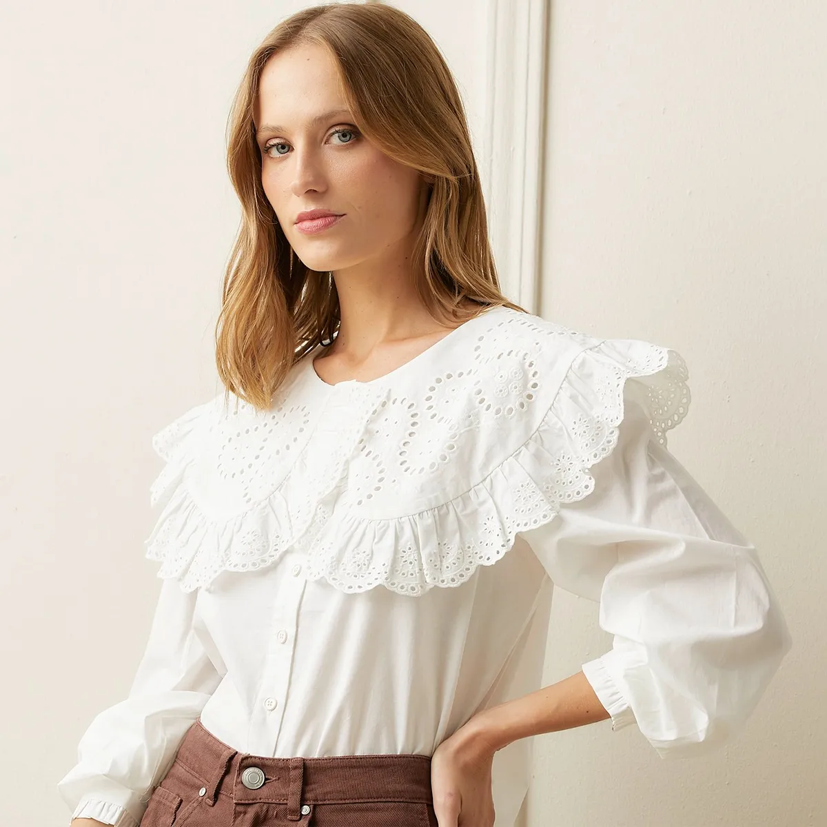 BASEMENT - Blusa Mujer Con Bordado Manga larga globo de Algodón Basement