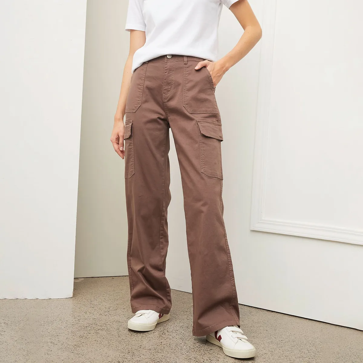 BASEMENT - Pantalón Cargo para Mujer Tiro alto de Algodón Basement