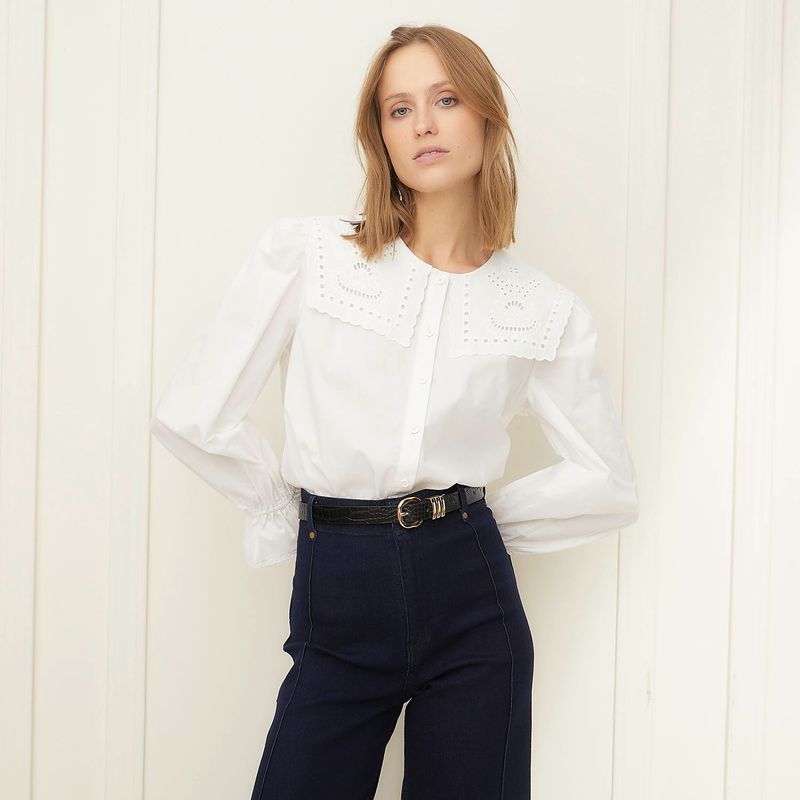 BASEMENT - Blusa Mujer con Bordado Manga larga globo de Algodón Basement