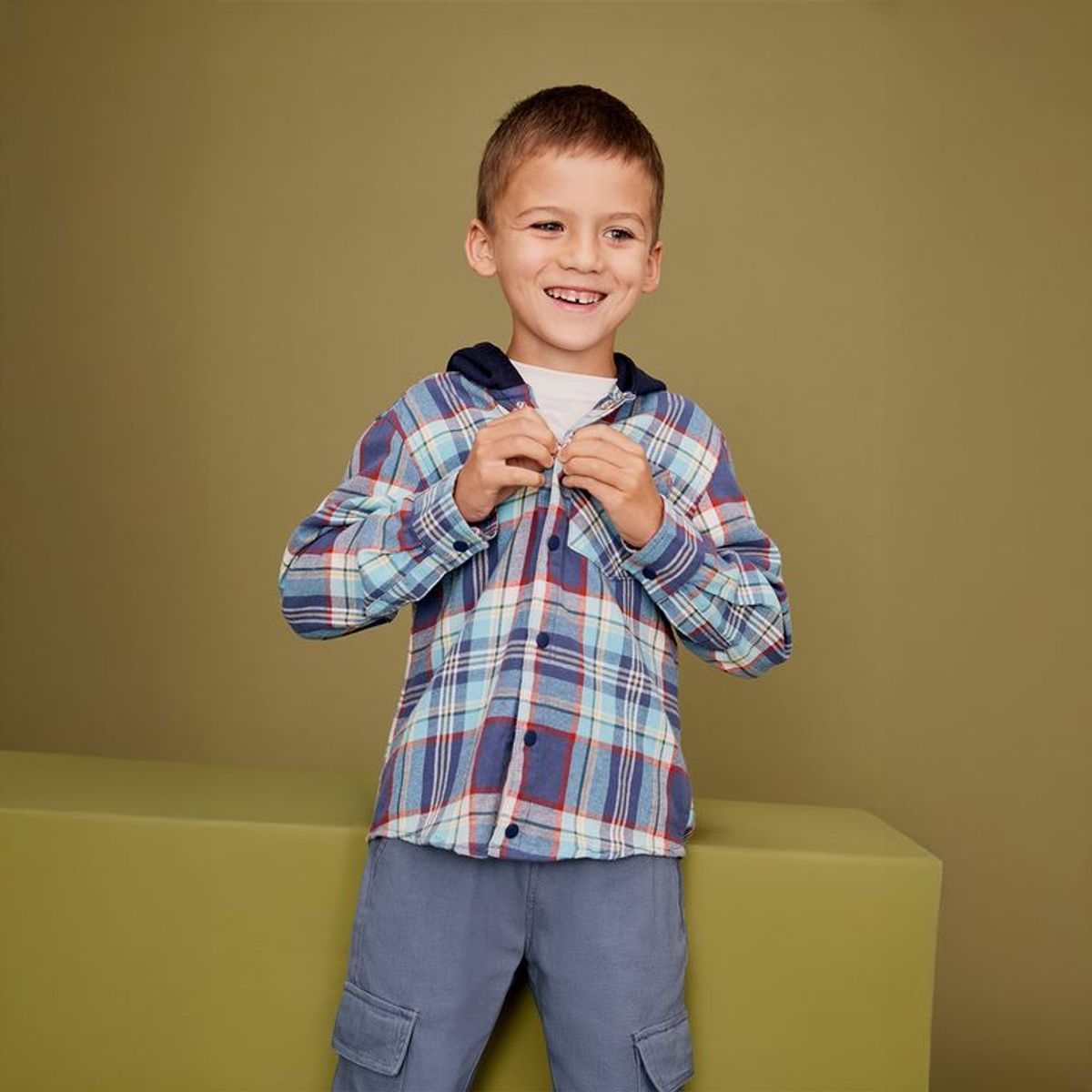 YAMP - Camisa para Niño Cuadros Con capucha Manga larga de Algodón Yamp