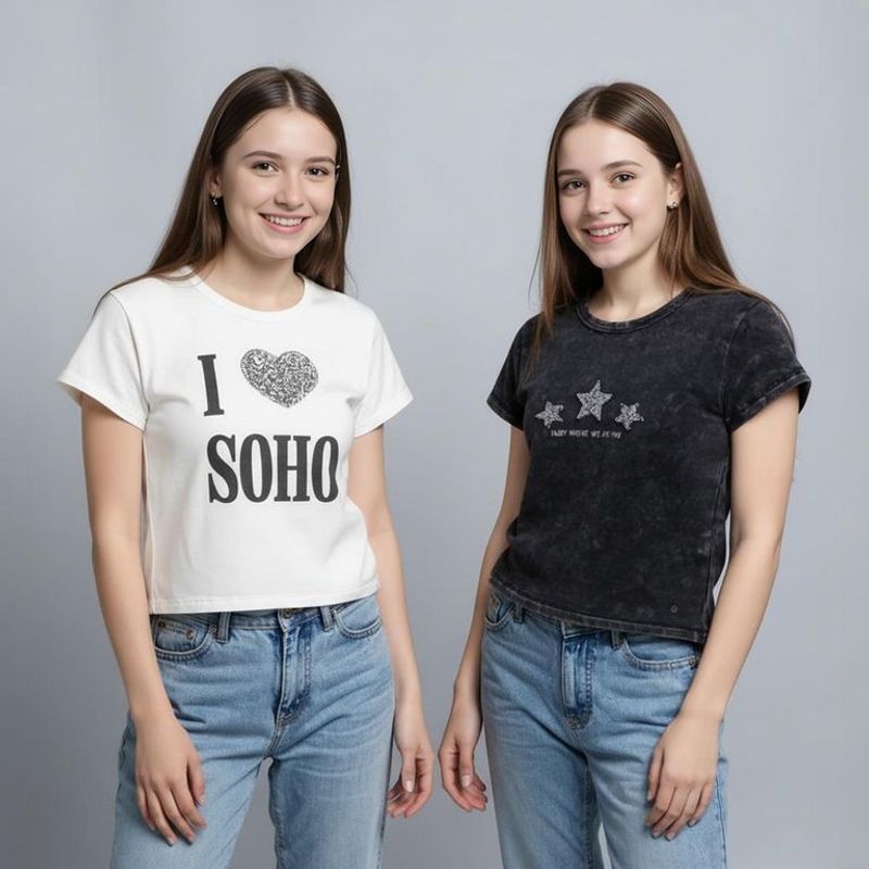 ELV - Camisetas Niña Pack de 2 unidades con Estampado   Manga corta Algodón Elv