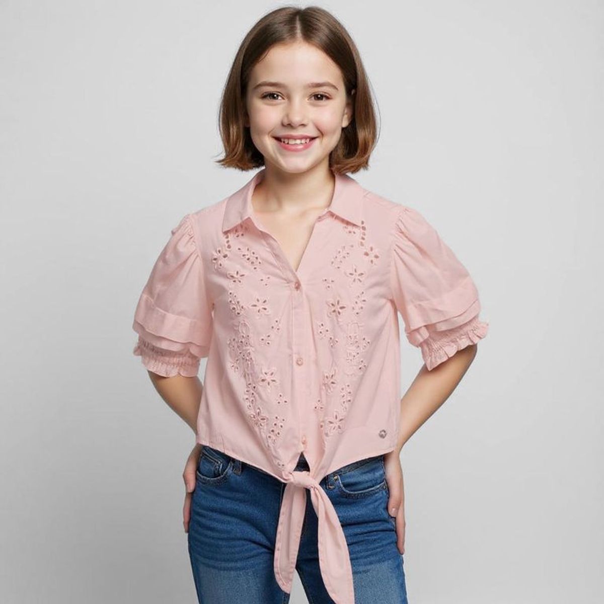 ELV - Blusa Niña  con Ojalillo  Manga corta Algodón Elv