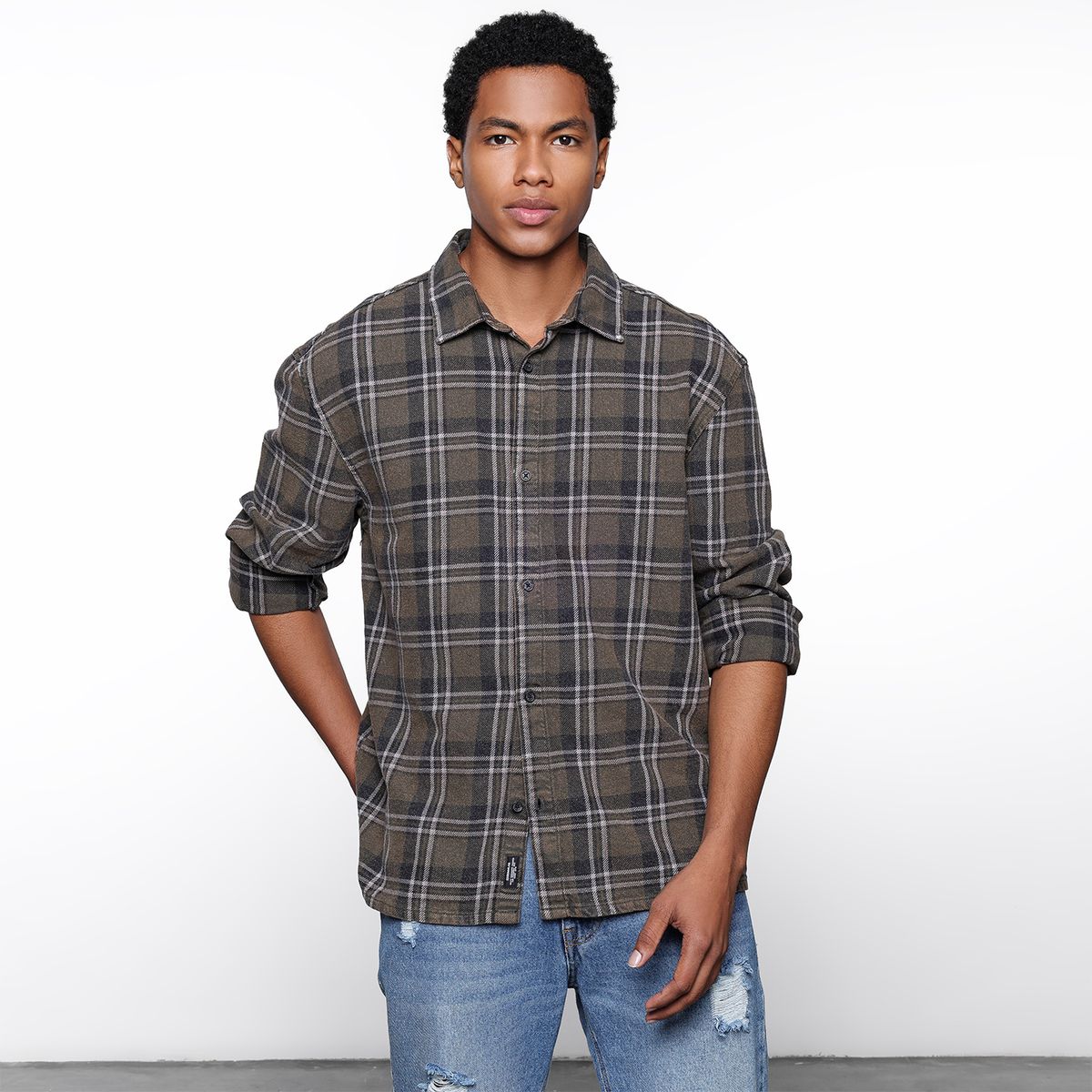 DENIMLAB - Camisa Hombre de Cuadros Manga larga Recto de Algodón Denimlab