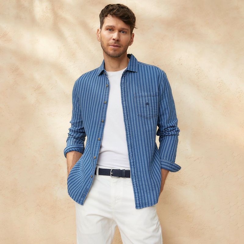 CASCAIS - Camisa Hombre de Rayas Manga larga Slim de Algodón CASCAIS. 