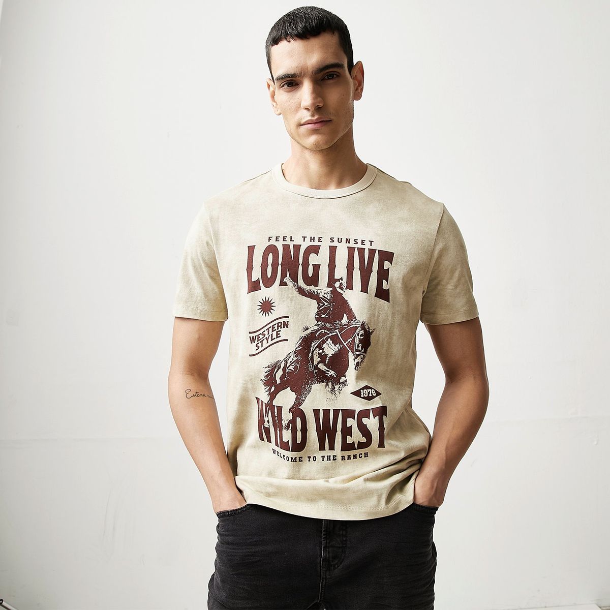 BASEMENT - Camiseta Hombre Manga corta con Estampado Regular fit de Algodón BASEMENT