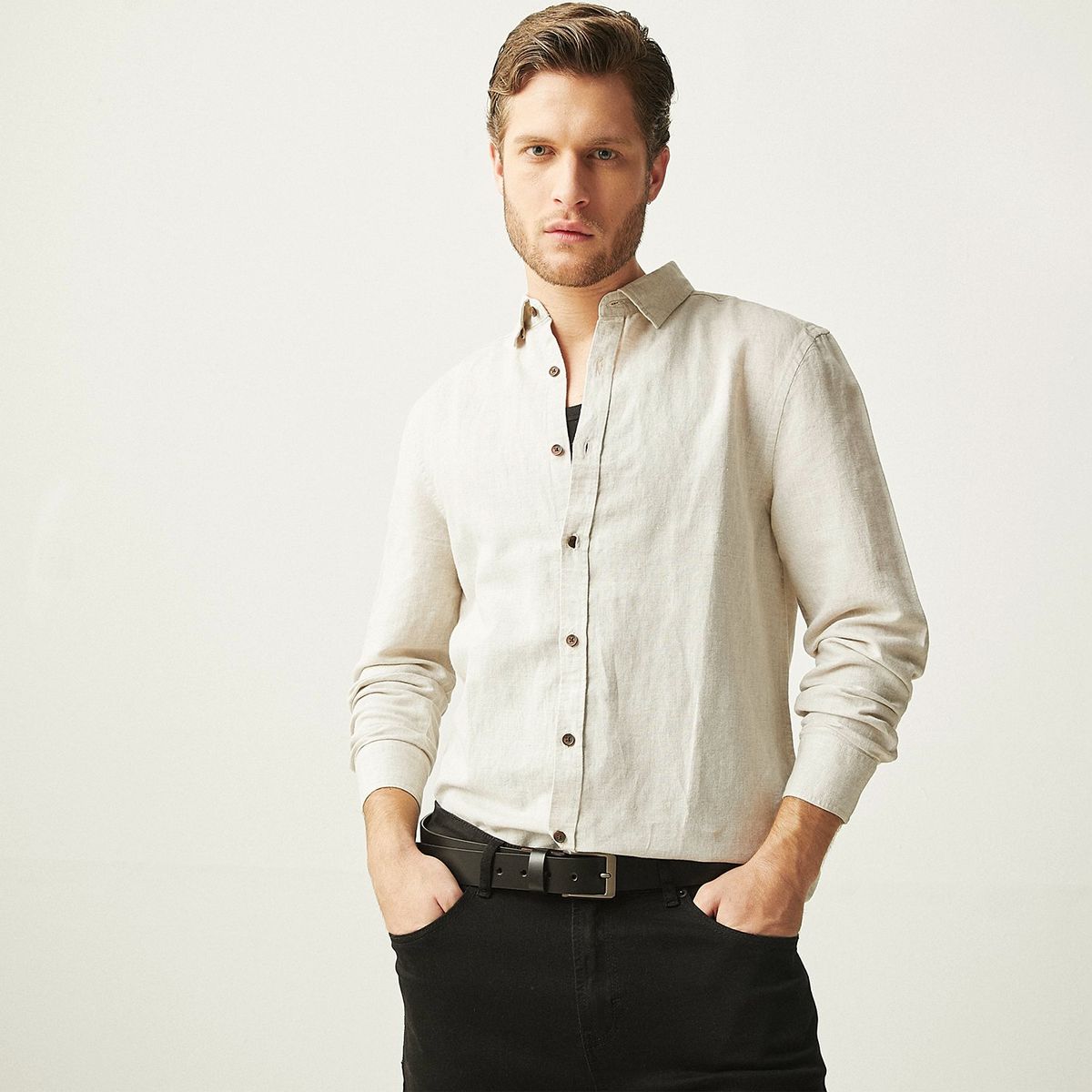 BASEMENT - Camisa Hombre Manga larga Slim de Lino BASEMENT 