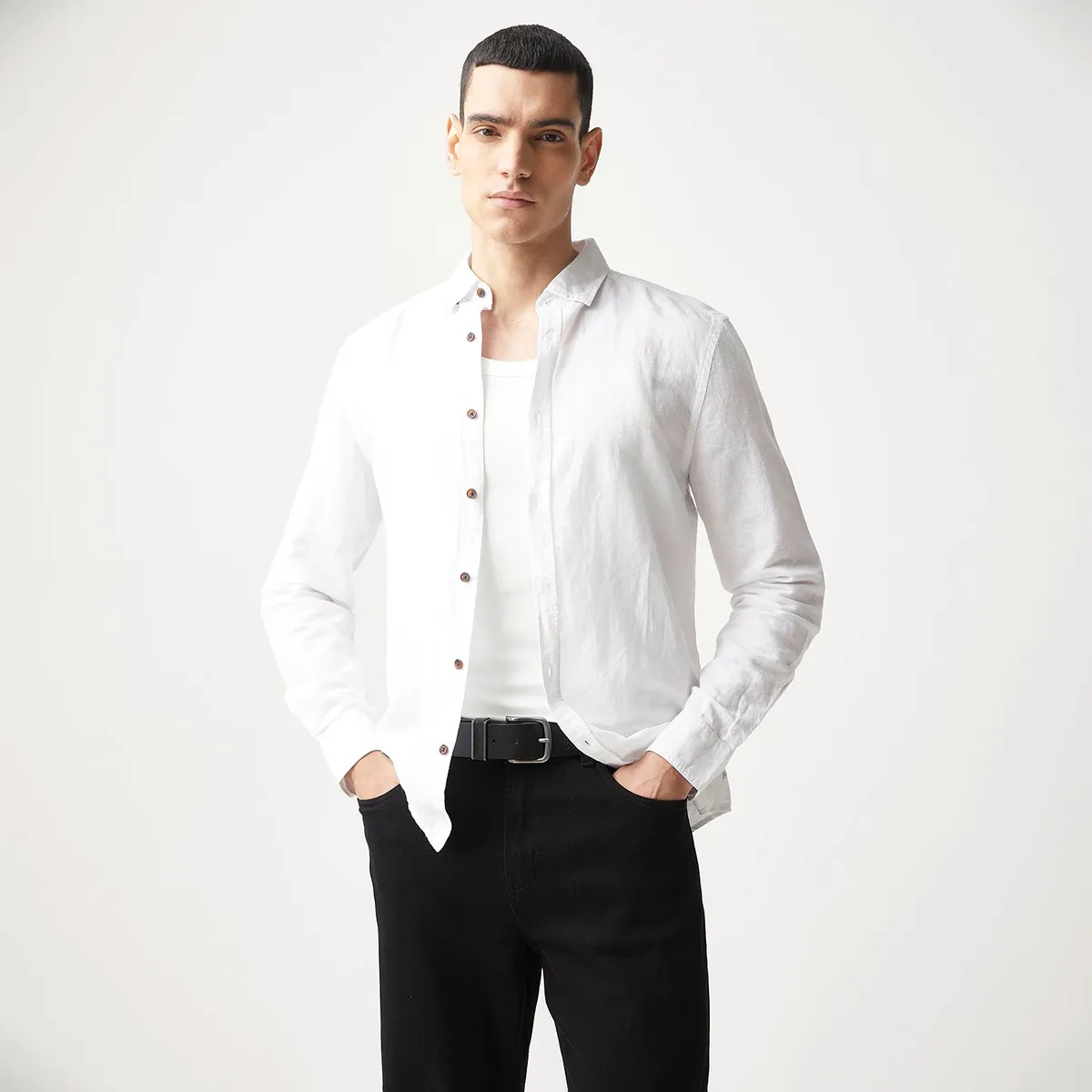 BASEMENT - Camisa Hombre Manga larga Slim de Lino BASEMENT 