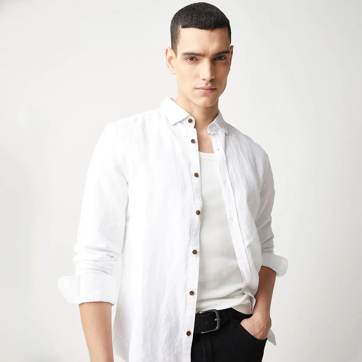BASEMENT - Camisa Hombre Manga larga Slim de Lino BASEMENT 