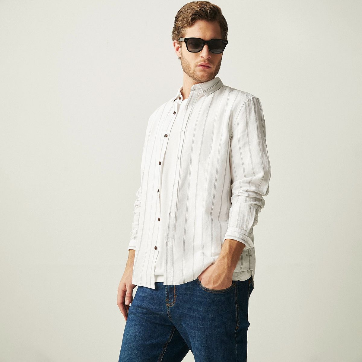 BASEMENT - Camisa Hombre Manga larga Slim de Lino BASEMENT