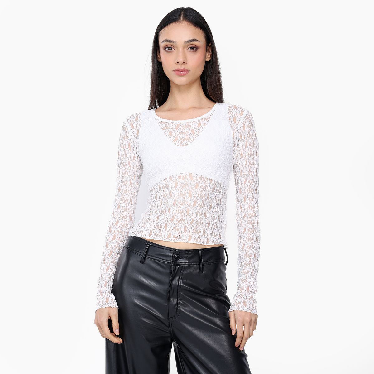 MOSSIMO - Camiseta Mujer con Encaje Manga larga Mossimo