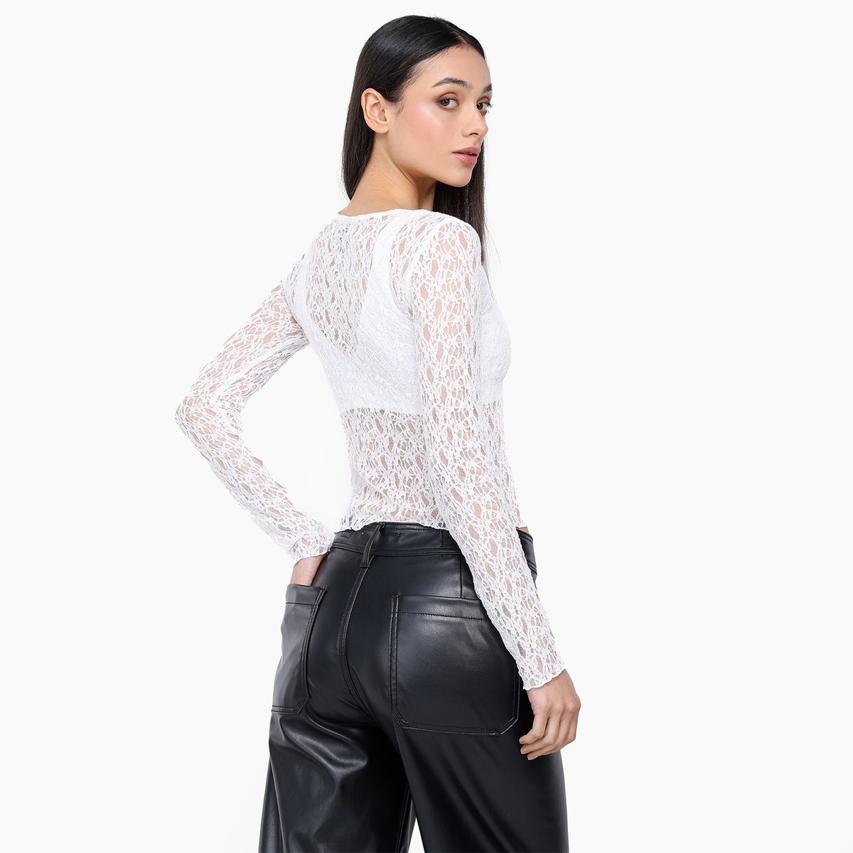 MOSSIMO - Camiseta Mujer con Encaje Manga larga Mossimo