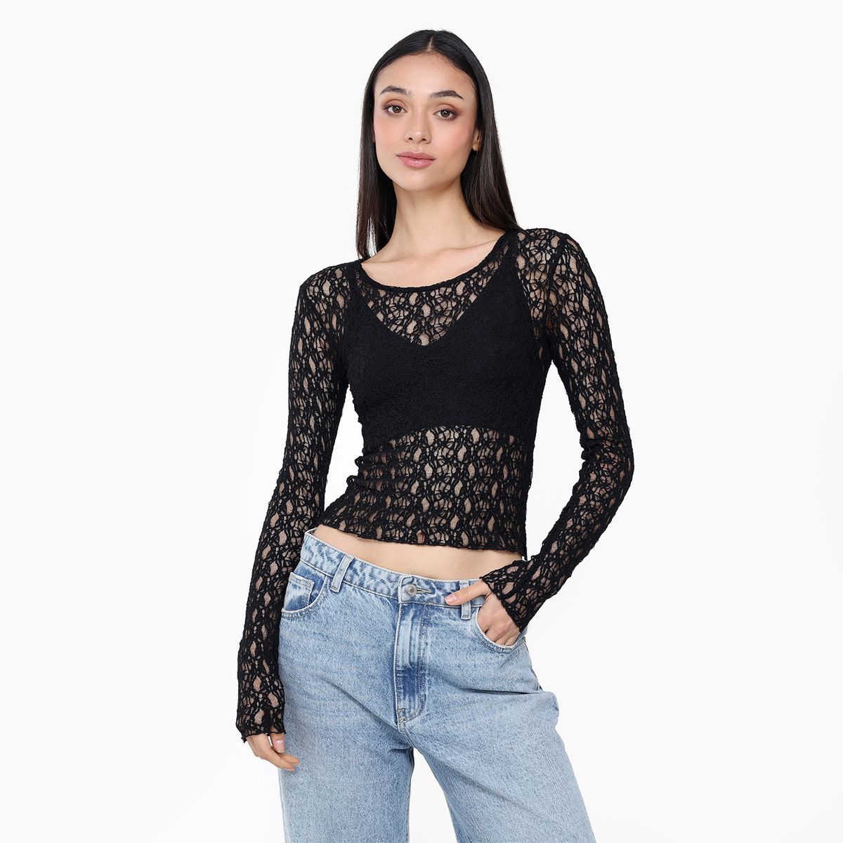 MOSSIMO - Camiseta Mujer con Encaje Manga larga Mossimo