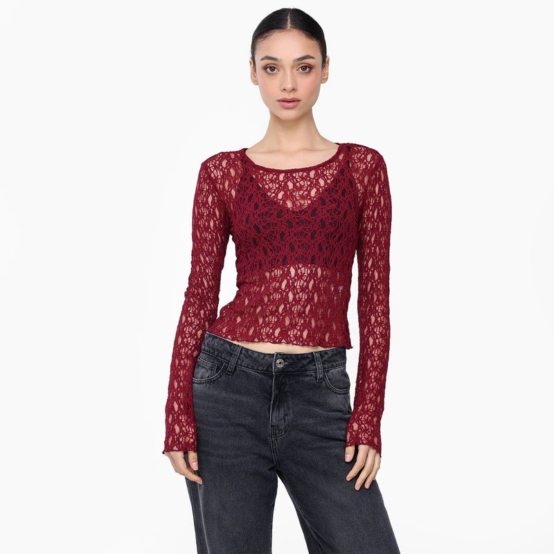 MOSSIMO - Camiseta Mujer con Encaje Manga larga Mossimo