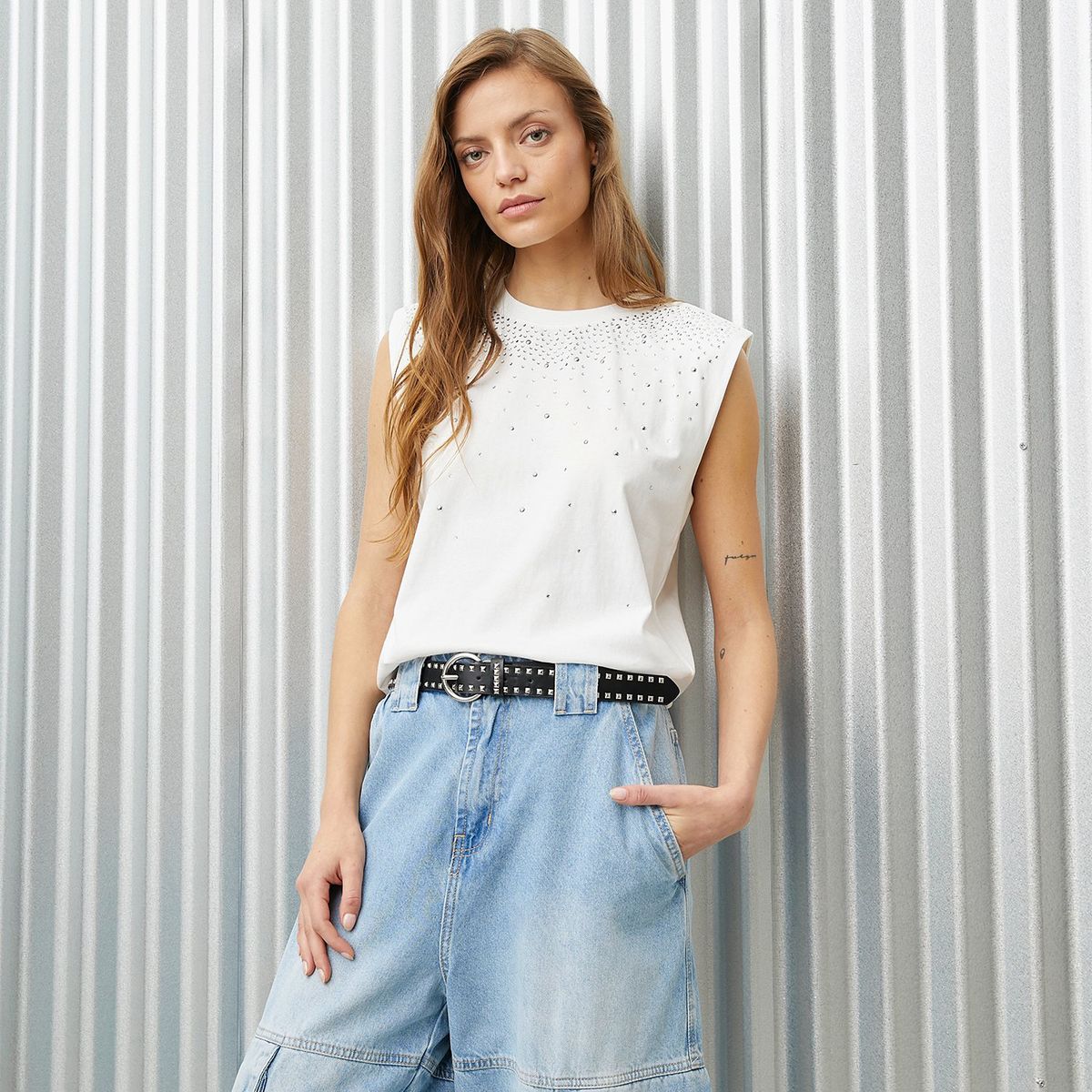 DENIMLAB - Camiseta Mujer con Taches Sin mangas de Algodón Denimlab