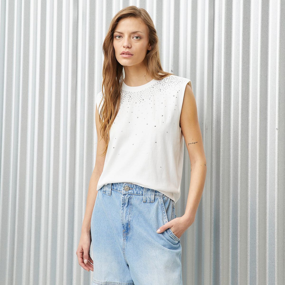 DENIMLAB - Camiseta Mujer con Taches Sin mangas de Algodón Denimlab