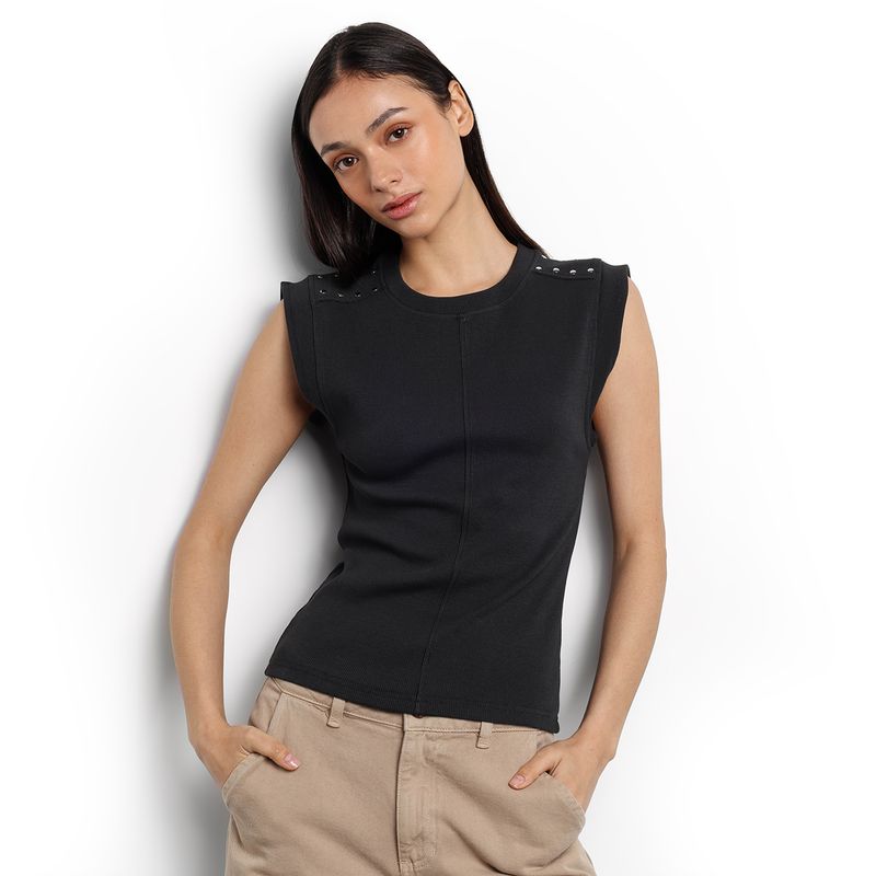 DENIMLAB - Camiseta Mujer con Taches Manga corta de Algodón Denimlab