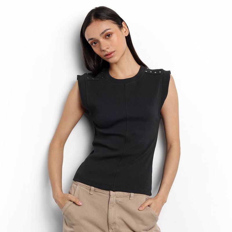 DENIMLAB - Camiseta Mujer con Taches Manga corta de Algodón Denimlab
