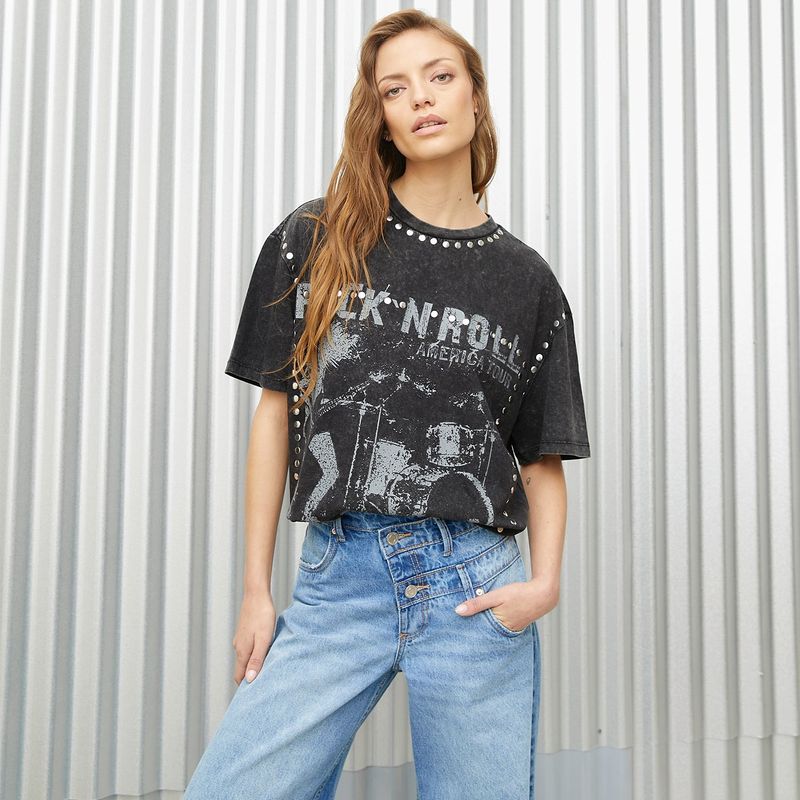 DENIMLAB - Camiseta Mujer con Taches Manga corta de Algodón Denimlab